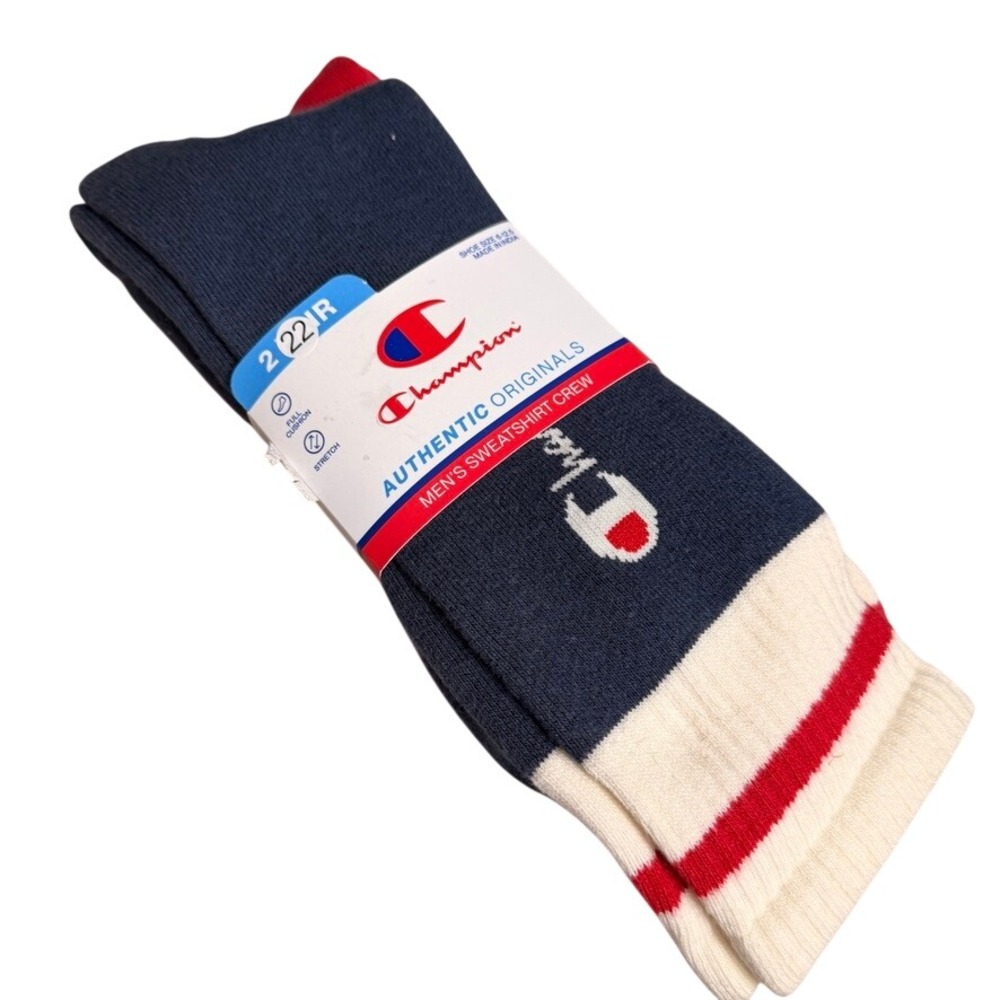 Champion Mens Sweatshirt Crew Socks 2 Pair 6-12.5 Blue Red Logo Athletic Striped